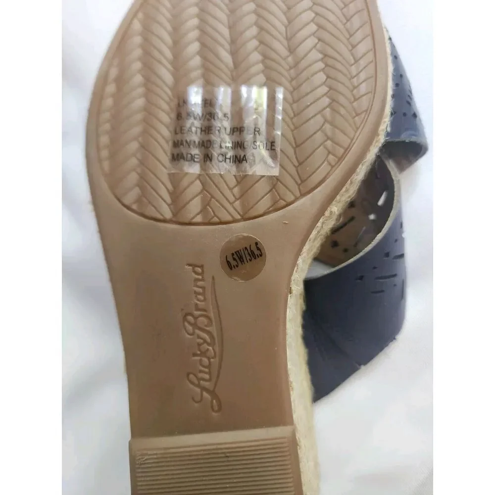 LUCKY BRAND WEDGE SANDALS WOMENS SIZE 6.5 NAVY BLUE TAN KEELA NEW LEATHER - Picture 5 of 6